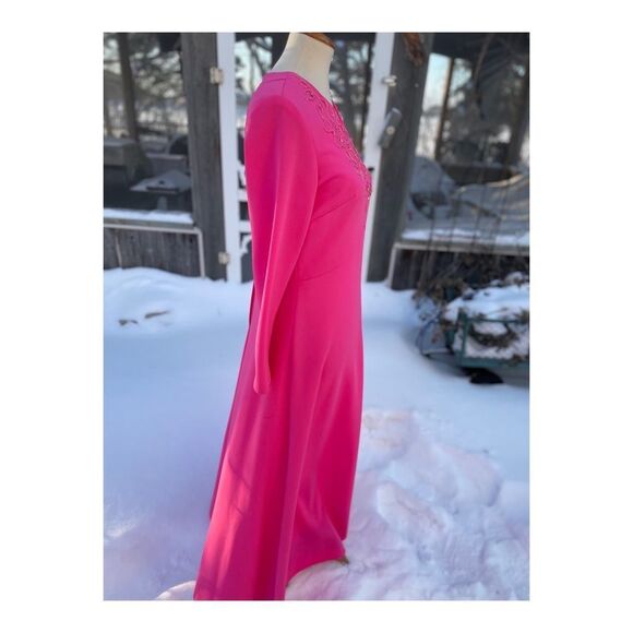 True Vintage Hot Pink Maxi Dress Long Sleeve Soutache Neckline Detail Fitted - Picture 8 of 10